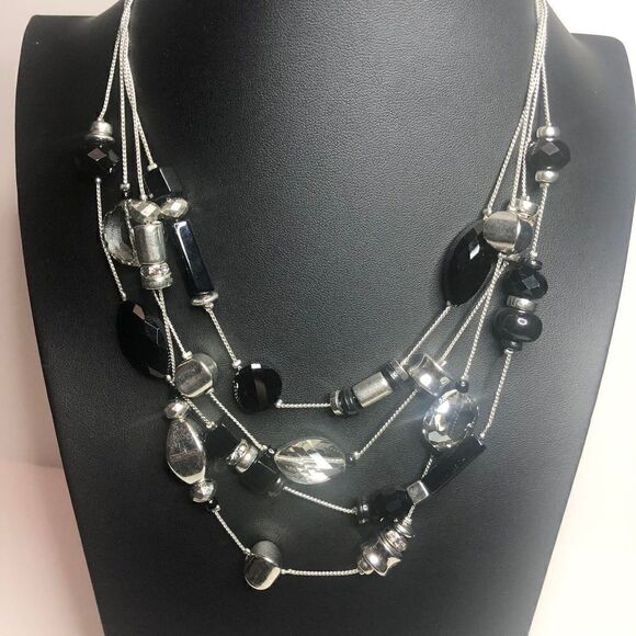 210 CHICO'S Black & silver tone bead clear crystal layered necklace 16"-20" Long - Picture 1 of 2